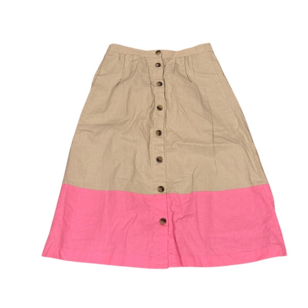 J. Crew Linen Blend Colorblock Button Front Midi Skirt Tan Pink Muffy prep lux s